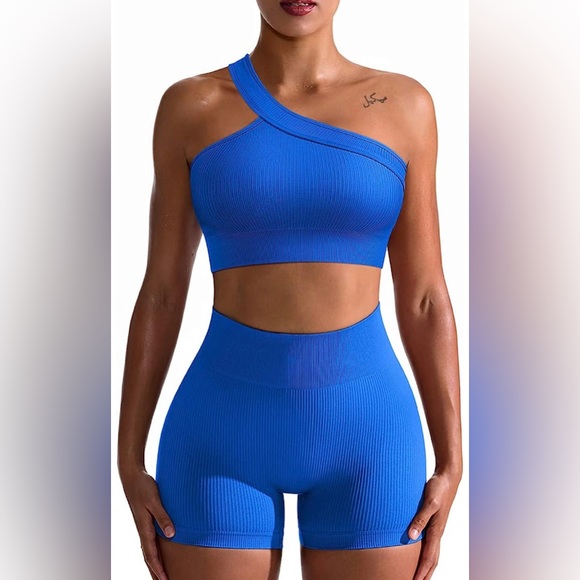 OQQ WORKOUTS-2 PiERCE SEAMLESS RiBBED HiGH WAiST BiKER SHORTS WiTH  SPORTS BRA - Picture 5 of 5